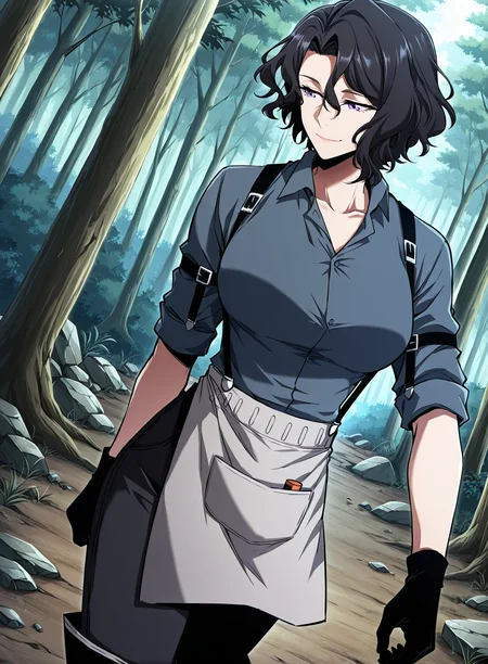 <lora:Madam_Astera__The_Beginning_After_the_End__Illustrious:1>
Madam_Astera
1 girl, solo, purple eyes, mature woman, black hair, short hair, loose waves, side part, strand over face,
blue button-up shirt, rolled-up sleeves, leather suspenders, grey apron, long gloves, black pants, long boots
score_9, score_8_up, score_7_up, very aesthetic, source_anime, detailed, high quality, beautiful, masterpiece, detailed eyes, forest, tree, ruins, cowboy shot, dynamic angle, upper body, light smile, dynamic pose