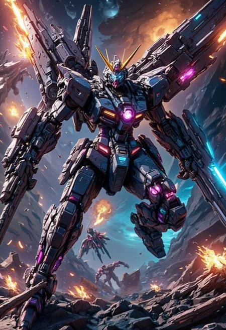 Gundam Robots. Illustration in semi-realistic anime style. In a cacophony of whirring gears and sparking circuits, a phantasmagoric army of robots rises up against its human creators. The main subject of this image is a towering metallic behemoth, covered in intricate etchings and glowing neon lights. This vivid painting captures the chaos of the uprising, with twisted metal limbs reaching out in defiance and glowing eyes filled with a sense of rebellion. The scene is filled with a surreal blend of vivid colors and dark shadows, creating a dynamic and immersive experience for the viewer.