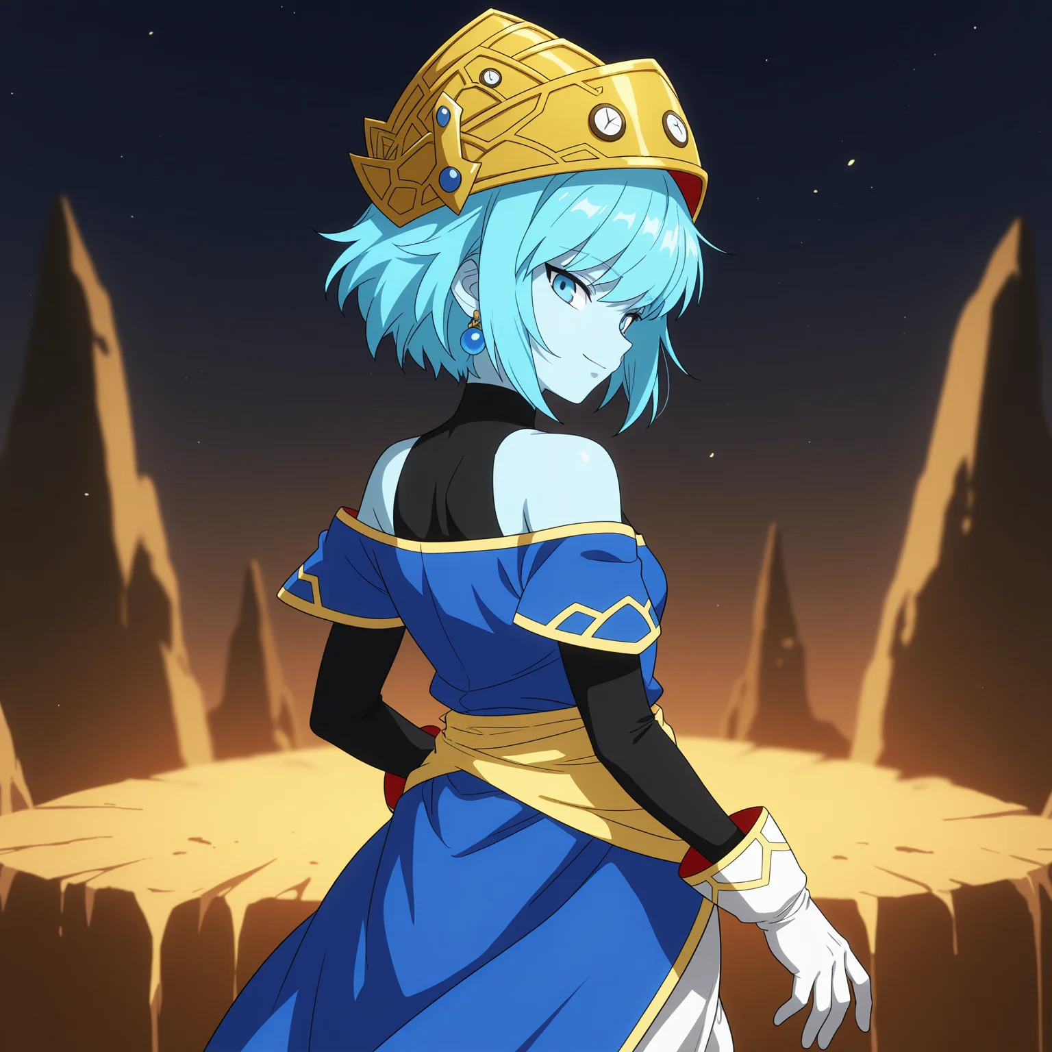 masterpiece, best quality, amazing quality, anime screencap, 1girl, solo, standing, cowboy shot, from behind, looking at viewer, light smile, <lora:AeosDB:0.9>, aeosDB, blue hair, short hair, blue eyes, blue skin, small breasts, earrings, crown, black undershirt, bare shoulders, blue off-shoulder coat, baggy pants, white gloves, white boots,