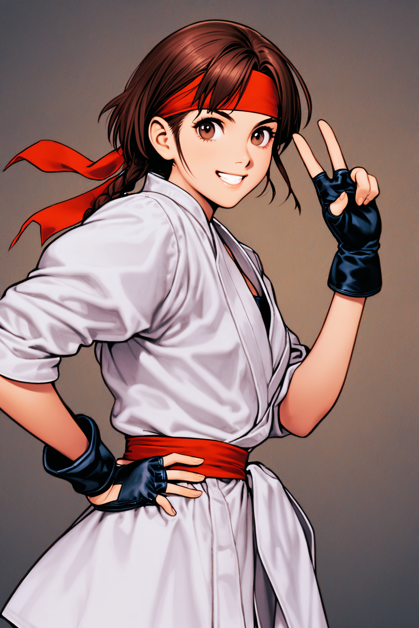 1girl,solo,white dougi,short hair,brown hair,black gloves,red headband,fingerless gloves,brown eyes,v,smile,hand on hip,braid,single braid,looking at viewer,
<lora:shinkiro_XL_v2:0.8>,