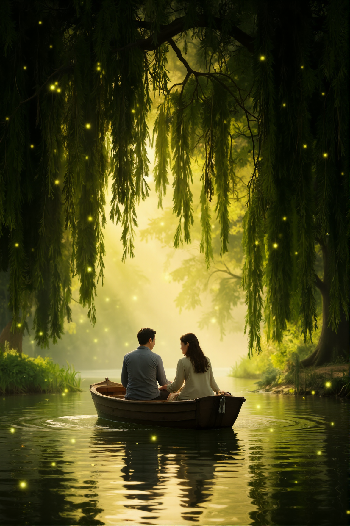 Floating in a wooden boat down a misty river, lovers drift beneath an archway of willow trees, their branches forming a canopy of green. Soft golden light filters through the leaves as fireflies illuminate their peaceful moment, their fingers trailing through the waterâs glassy surface.
<lora:ethereal-romantic-glow-flux:1>