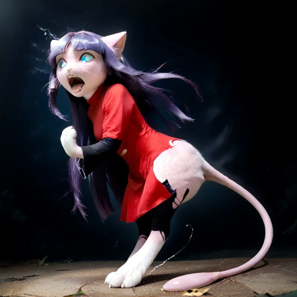 score_9, score_8_up, score_7_up, score_6_up, asymmetrical partial transformation, (body horror) full body, mew proportions, (mew girl), body spasming in pain during transformation, ((bytransform)), feral transformation, (feral), ((mid-transformation)), nubile 18yo girl, [large head], facing away, looking away, left side view, (realistic fur texture, realistic skin), uncontrollably floating, scared, zzSabrina partially transformed into a feral mew, her human arms are shrinking unnaturally as they asymmetrically unevenly transform into short tiny hybrid human mew arms with only three fingers and no thumbs, (mostly human hands) partially transforming into mew hands, her legs are shrinking asymmetrically, huge long hybrid human mew feet transformation, her human face is being unevenly transformed into a large mew face, pink fur patches on skin on her torso arms and legs, detailed fur, detailed skin, detailed hair, detailed eyes, multiple nipples, multibreast, (her clothes are falling off:1.2), m3w, blue eyes, (pokemon), mew, solo, pokemon (creature), zzSabrina, red eyes, long hair, blunt bangs, sabrina (pokemon), purple hair, pantyhose, black hair, long sleeves, red skirt, white gloves, black bodysuit, ((intense pleasure and (((intense fear))))), terrified, shrieking, scared, sweating, orgasm, (cutie, young, soft features:1.1), evening, bedroom, scary, empty, dark, low lighting, well lit, dim, loose clothes, dynamic lighting, nighttime, night time, kftenhance, anthro face