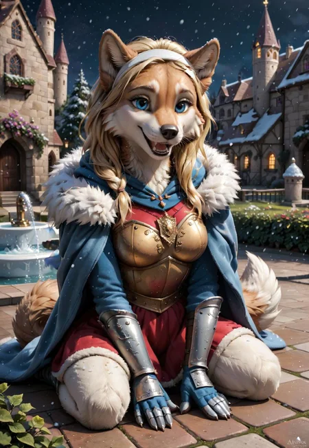 safe_pos, safe_pos, score_9, score_8_up, score_7_up, score_6_up, photorealistic, epiCPhotoGasm-colorfulPhoto, Realistic, highres, super high resolution, 8k, furry, anthro, female wolf, artic wolf, voluptuous figure, tufted fur, tufted ears, cheast tuft, fluffy canine tail, detailed fur, detailed body, detailed face, open smile, long blonde hair, canine teeth, medieval castle, outside, garden, water fountain, kneeling, white fur, blue eyes, golden necklace, golden knight armor, whiskers, detailed background, solo, winter season, sunrise, fur coat, hood, white hairband, snowing, armored skirt, night,