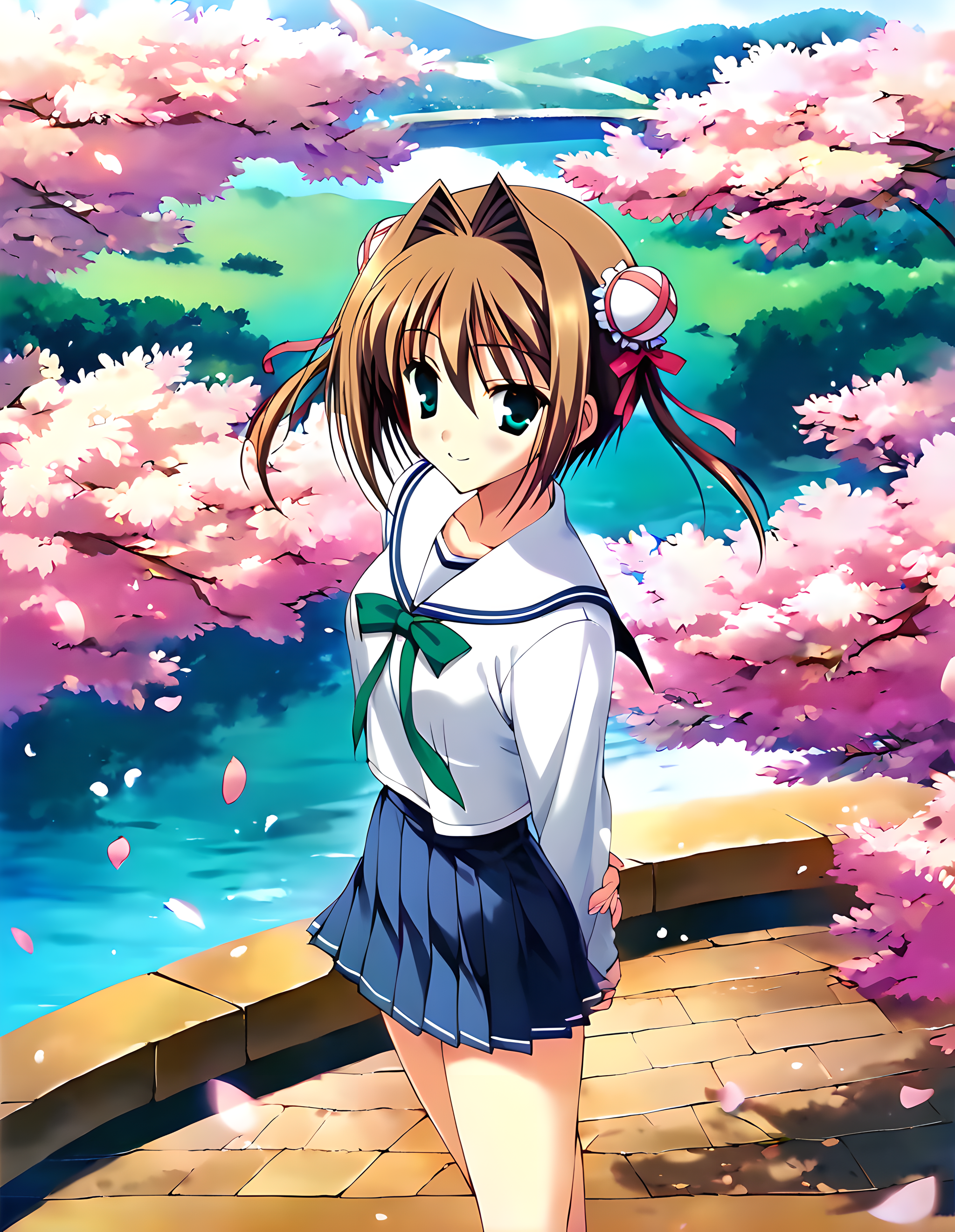<lora:pony_xl_yume:0.8>,yume,score_9,score_8_up,score_7_up,source_anime,1girl,looking at viewer,spring \(season\),falling cherry petals,wind,simple_background,school uniform,serafuku,green ribbon,pleated skirt,smile,arms_behind_back,standing,from_above,from_side,cowboy_shot,landscape,
