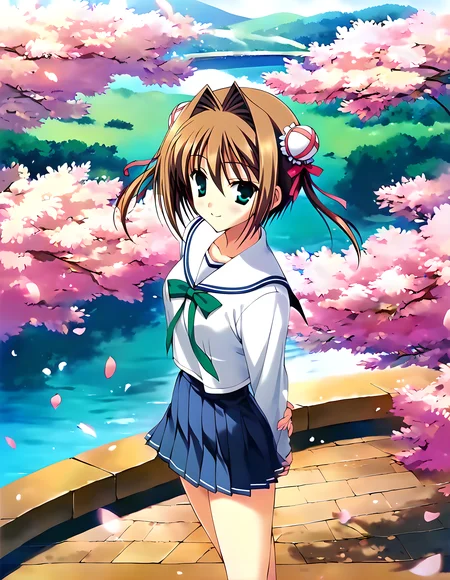 <lora:pony_xl_yume:0.8>,yume,score_9,score_8_up,score_7_up,source_anime,1girl,looking at viewer,spring \(season\),falling cherry petals,wind,simple_background,school uniform,serafuku,green ribbon,pleated skirt,smile,arms_behind_back,standing,from_above,from_side,cowboy_shot,landscape,
