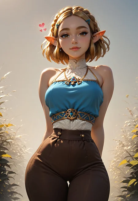 safe_pos, score_9, score_8_up, score_7_up, score_6_up, score_5_up, 1girl, solo, princess Zelda (breath of the wild), semi realistic, short hair, midriff, sleeveless, bare shoulders, slim waist, cute round face, brown pants, looking at viewer, facing viewer, lots of hearts, seductive eyes, hands behind back, wide hips, clean intricate art, fine detail, elegant, standing, low angle, outdoors, hyrule kingdom 