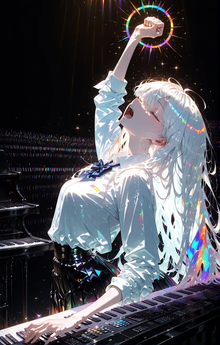 masterpiece, best quality, amazing quality, very aesthetic, absurdres, newest,
concert hall black background,abstract background,fusion of abstract art and glitch,colorful,sparkle,sunlight, neonlight_background
1girl,long hair,facelight,shirt,bowtie white hair , open mouth screaming closed eyes arched back pov raised_fist
standing, (from side:1.5) very close-up (upper body:0.71) (playing keyboard \(instrument\),:1.5) arm up
looking_at_viewer,
{{best_quality}},{{amazing_quality,very_aesthetic}},
masterpiece, best quality, amazing quality, very aesthetic, absurdres, newest, volumetric lighting,<lora:spo_sdxl_10ep_4k-data_lora_webui:1> <lora:KonyaKarasue-Lokr-NOOBEPS110:1> <lora:holographiccolor:0.75> <lora:USNR STYLE_XL_loha:0.15> <lora:xmc_v0.3_noobai_cwhj:0.715> <lora:VenetianLightingILL:0.75>