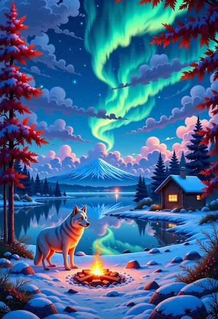 high quality, high definition, high resolution, 4k, shaders, better lighting, better quality, GHIBSKY style, GHIBSKY style painting, the central focus would be a giant white wolf with fluorescent blue eyes looking towards the viewer, in a snow-covered field with a large lake behind it, the sky would have a large aurora borealis that would be reflected in the lake, at the edge of the lake there would be a wooden cabin with warm lighting and a chimney from which smoke comes out, in the lake there would be a small fishing pier, in the background there would be a large volcano that would emit orange light from its crater, the sky would be dark