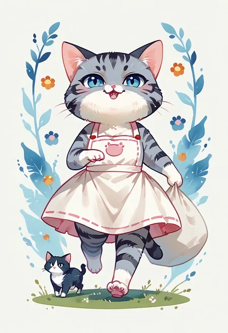 score_7_up, score_8_up, score_9, (full body:1.15), cat, animal kitten, chibi animal cat, Kus1cat, Chibi Art Style, furr,
cute cat, game character, very cute, chef, watercolor style,
(gray striped cat with an apron running with a sack of flour:1.21),
(detailed background:1.23), HQ,