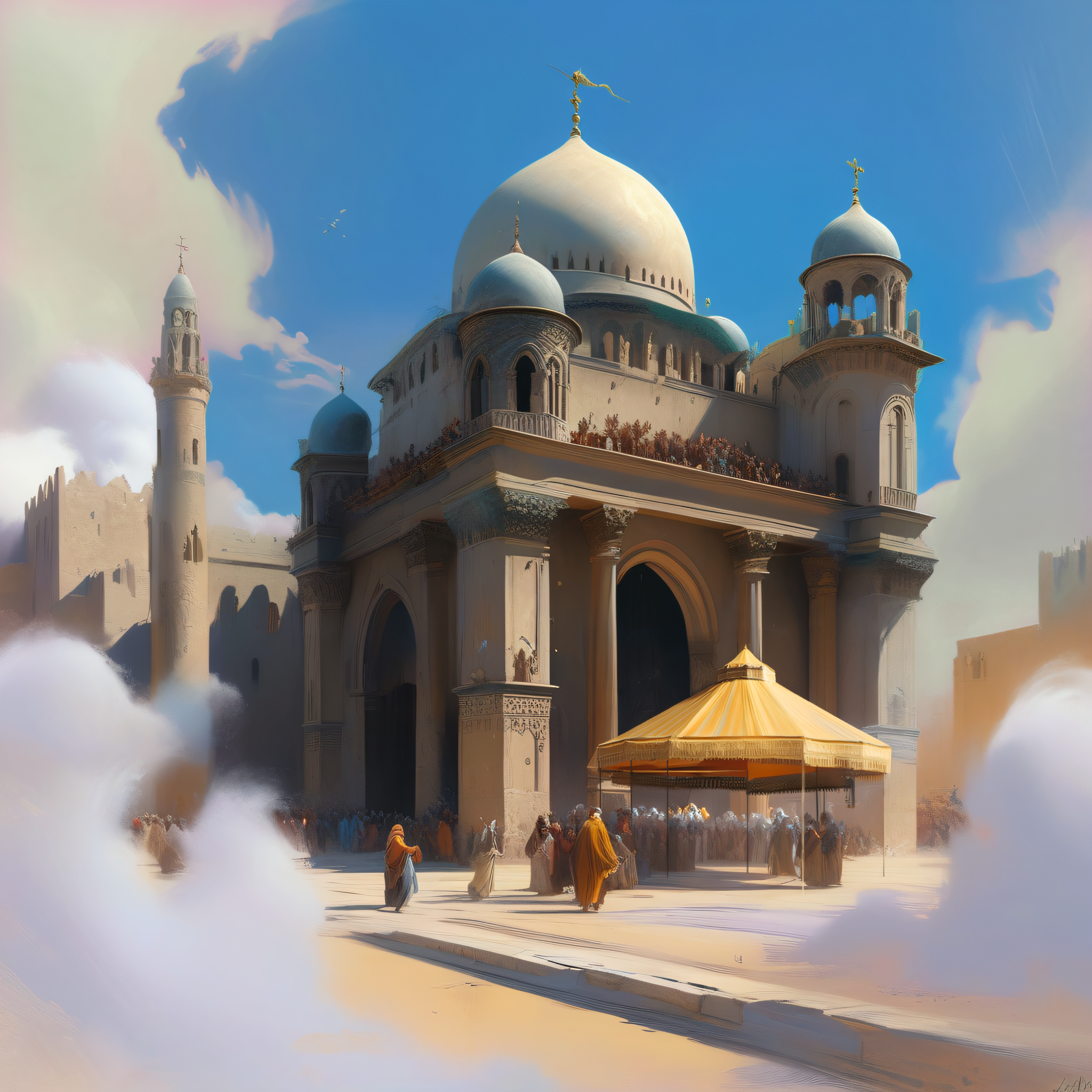 (the scene takes place in the 9th century, large slave market of damaskus),  many people, (crowdet place:1.5), (many slaves, some slave traders, some town guards with spears), cages, chains, on street, shady place, medieval, arabic architecture, blue sky, grey clouds, fantasy saga, epic intricate artwork, magical fantasy