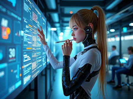 Extreme photorealistic depiction of a female hacker in a cybernetic network hub, surrounded by advanced computer systems and holographic data streams. She is wearing a sleek, alloy plating cybernetic suit embedded with cybernetic enhancements, and her blonde hair is partially illuminated by the various screens and floating holograms. The environment should feel realistically futuristic and dense with digital information, with glowing data cables and interfaces interweaving throughout the space. Highlight the contrast between her calm demeanor and the complexity of the cybernetic hub.
a subtle, integrated communication system in her head or neck, with tiny speakers and microphones for direct interaction.a form-fitting, adaptive fabric bodysuit that covers parts of her body, adjusting its texture and rigidity based on her needs.Introduce subtle, bioluminescent vein-like structures that run through her mechanical components, pulsing gently with a soft glow.Integrate glowing, circuitry-like patterns onto her metallic parts, that light up and pulse.
standing with one hand held up while her other one hand touching her own chin, writing on a transparent surface using a digital pen as if it's a holographic display.