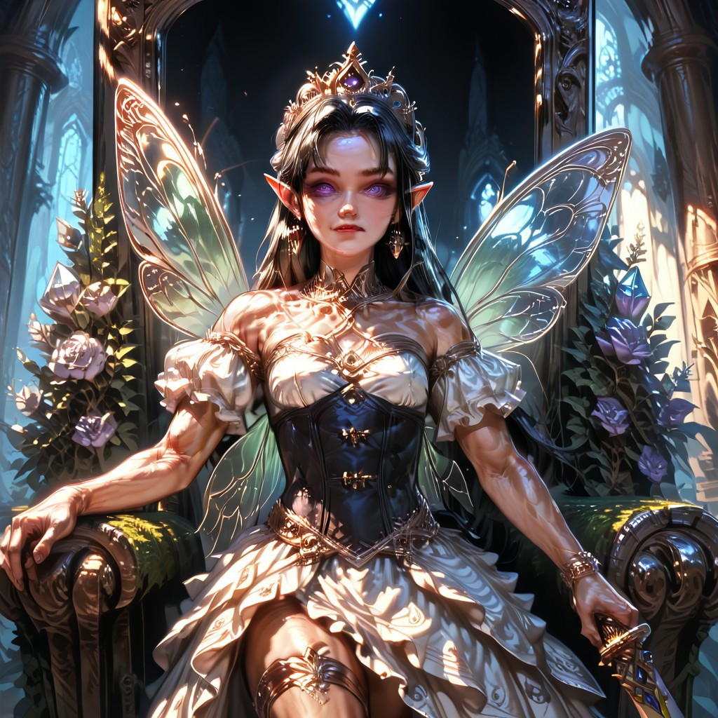 Action scene, detailed, photo realistic, hyper realistic, score_9, rating_safe, solo ((arch fey, violet eyes, (beautiful woman, white underbust corset, skirt, pants, sword belt, and holding a sword), ((huge muscles, small petite breasts, muscular thighs)), ((bronze metallic gold skin ral-polishedsteel)), (fairy wings), (long black hair))), (standing next to a multicolored crystal throne, in a detailed throne room filled with treasures, detailed lighting), hi res, hi quality, 4k, concept art, digital art, realistic, detailed background, lens flare, pixel art, piratical beauty, great lighting