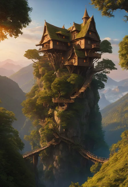 valley, fairytale treehouse village covered, , matte painting, highly detailed, dynamic lighting, cinematic, realism, realistic, photo real, sunset, detailed, high contrast, denoised, centered, michael whelan
