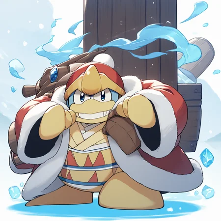 score_9 <lora:Dedede:1.29> blue eyes, hat, coat, no humans
