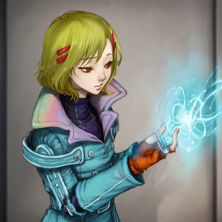 best quality, masterpiece, netsu, blonde hair, short hair, hair ornament, hairclip, jacket, glove, emotionless, one hand showing magical electric element