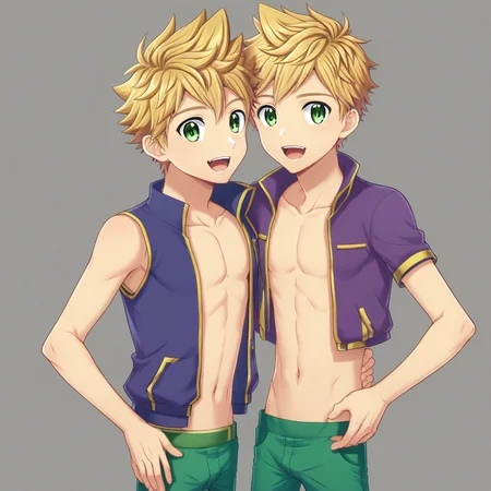 semi-shirtless, blond hair, short hairt, , half pants, open clothes, sleeveless, kenji sato, spike hair