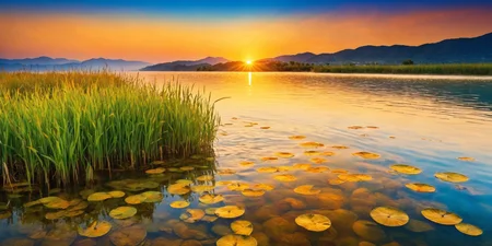 <lora:HMSG黿XL-000001:0.8>,reality,hd-hlh-3h,<lora:å
å½±XL:1>,Realistic landscape, calm water surface, golden hour, soft, golden lighting, warm colors, highly detailed, real photograph