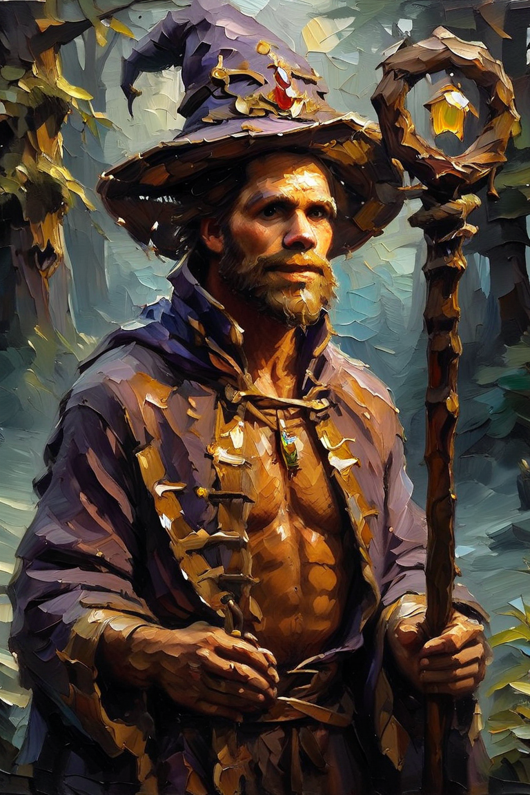 score_9, score_8_up, score_7_up, oil painting, traditional media, realistic, 1boy, solo, male focus, mature male, wizard, long hair, brown hair, black eyes, looking at viewer, hat, facial hair, beard, mustache, staff, wizard hat, purple hat, robe, purple robe, cloak, holding, holding staff, upper body, standong, outdoors,  forest, nature, tree, fog, dark background <lora:Palette Knife Painting Style LoRA_Pony XL v6:1>