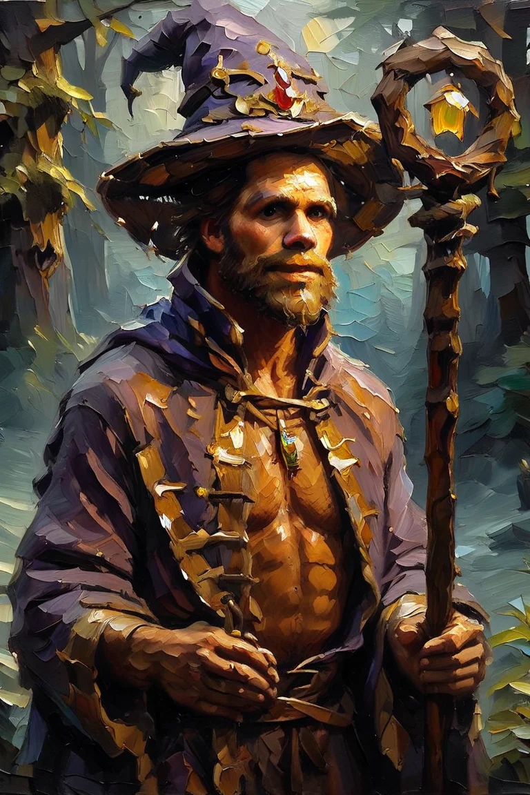 score_9, score_8_up, score_7_up, oil painting, traditional media, realistic, 1boy, solo, male focus, mature male, wizard, long hair, brown hair, black eyes, looking at viewer, hat, facial hair, beard, mustache, staff, wizard hat, purple hat, robe, purple robe, cloak, holding, holding staff, upper body, standong, outdoors, forest, nature, tree, fog, dark background <lora:Palette Knife Painting Style LoRA_Pony XL v6:1>
