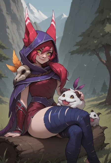 masterpiece, best quality, newest, absurdres, very aesthetic, highres, looking at viewer, LOLXayah, 1girl, animal ears, red hair, long hair, low side ponytail, yellow eyes, slit pupils, facial mark, nose piercing, claws, bird skull, purple feather cape, hooded cape, hood up, ears through headwear, red short dress, red arm guards, purple belt, bandaged leg, blue bandages, bird legs, holding poro, smile, looking at poro, outdoors, tree, grass, mountain, sitting, on log, looking at object, crossed legs, smile