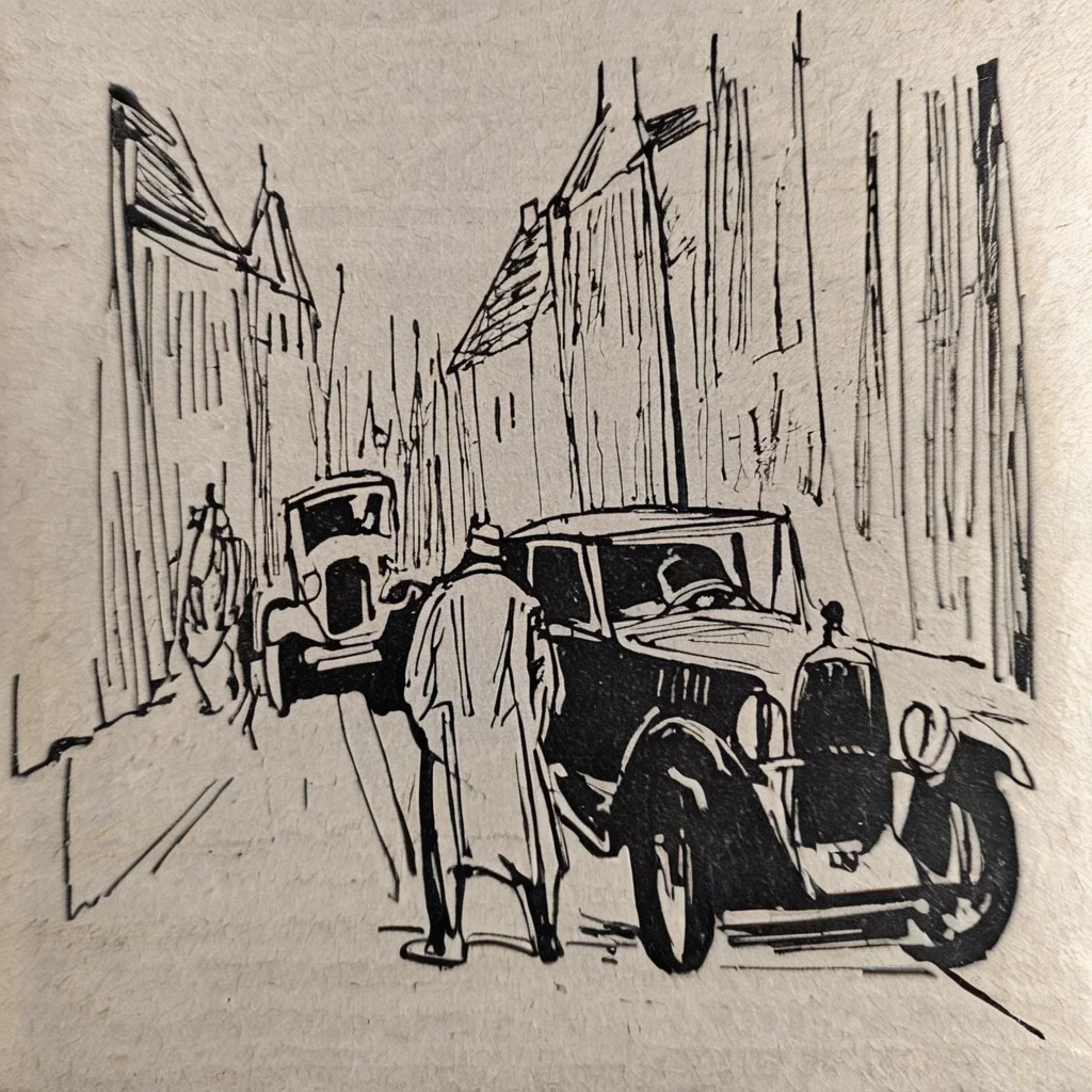 drawix15 gangster on a city street with a car 1920s<lora:drawix15:1>