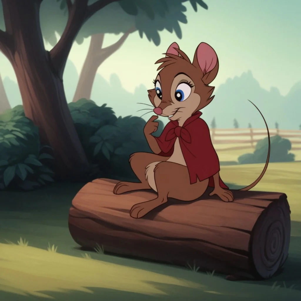 score_9, score_8_up, score_7_up, score_6_up, score_5_up, score_4_up, source_furry, brisbytson, semi-anthro, female, mouse, brown fur, blue eyes, whiskers, red cloak, sitting, outside, on a log, smile, in the woods, day time,