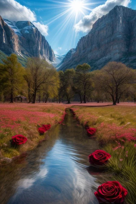 masterpiece, best quality, ultra-detailed, realistic, 8k, pine tree, flowers fields, many kinds of flowers, a couple of rabbits on very distant, lakes, meadows, grass, glitter on top, daytime, sunlight, cloudy, some birds fly in the sky over long distances, out-of-this-world scenery, lifelike, naturalism, greatest naturalism photo, immaculate detailed realism photography, rich colors, best colors perfect composition, perfect colors, colorful, clear photo, intrigue nature panorama, delicate nature photo, immaculate micro-details nature elements, (out-of-this-world scenery:1.23), beautiful landscape, beautiful flowers, crystal fantastic, breathtaking beautiful nature,  unmatched beauty nature, more nature elements, rich nature elements, (emphasize a big glasses reflects the natural scenery in great detail:1.37), a big glasses on above the rock, (viewing scenery from a big glasses, a bunch of small red roses are scattered around the big glasses, perfect scenery views from the big glasses, perfect dynamic angles for viewing the scenery from the big glasses:1.37), (pikachu is seen flying on a witch's broomstick:1.37), aesthetic, artistic style, surreal, insanely lifelike, top best naturalism photography, greatest detailed, intricate nature details background, depth of field, no human, detailerlora,
