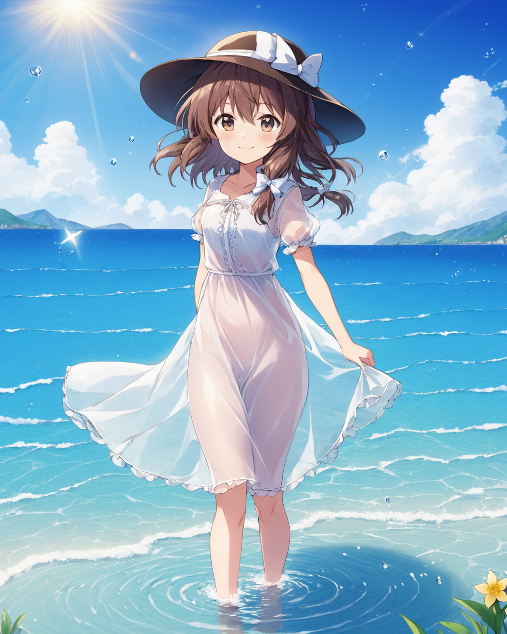 usami renko,1girl, hat, solo, dress, smile, alternate_costume, cloud, water, day, wading, sky, wringing_clothes, flower, see-through, hair_bow, wet_clothes, ocean
<lora:usami_renko_image1360_2023-12-20-000010:1>,star-shaped_pupils,symbol-shaped_pupils,. gorgeous,key visual, vibrant, studio anime,award-winning, professional, highly detailed,high budget, cinemascope