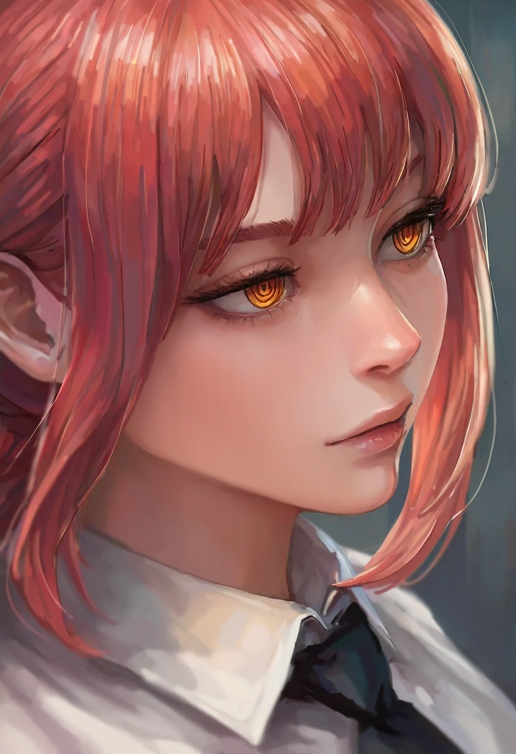 1girl, solo, makima \(chainsaw man\), portrait, white shirt, collared shirt, black necktie, depth of field, looking to the side
masterpiece, best quality, <lora:miche-guy90-Illust-Lycorisv1:1>, miccceh