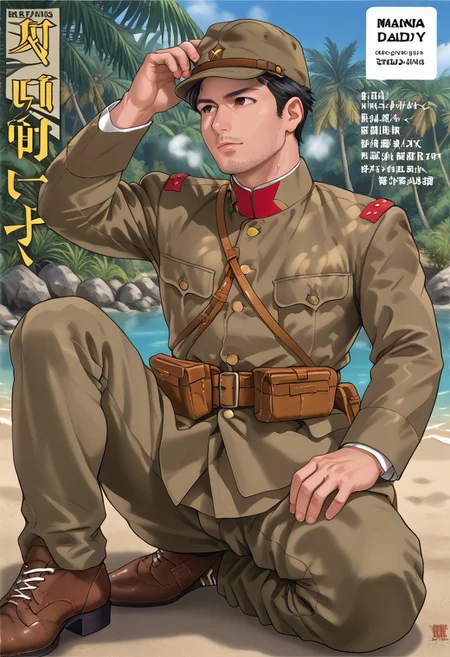 safe_pos, (Aaaild, Aaadjd, manga cover, magazine cover) source_anime, safe_pos, perfect anatomy, perfect proportions, best quality, masterpiece, high_resolution, high quality, (solo focus, male focus, male only, bara, gay, homo, mature, masculine, manly, virile, macho, hunky, rugged, middle-age, daddy, dilf, handsome), alluring, seductive, heroic, serious, grim, stern, unsociability, bluntness, gruffness, naughty face, moaning, dazed, looking away, focusing gaze, BREAK (asian man, dark eyes, black hair, sideburns, facial hair, stubble, beard), BREAK (IJA Showa, IJA soldier, khaki uniform, khaki clothes, khaki field cap, hat, pouch, khaki pants), BREAK sitting on floor, lying on back, relaxed pose, leaning slightly, one knee bent upward, legs spread, hand supporting head, contemplative expression, contemplative expression, horny, kinky, domination, heavy breathing, enticed, excessively sweaty shiny skin, shading, countershading, outdoor, dark atmosphere, nature, tropical jungle, wetland, trees