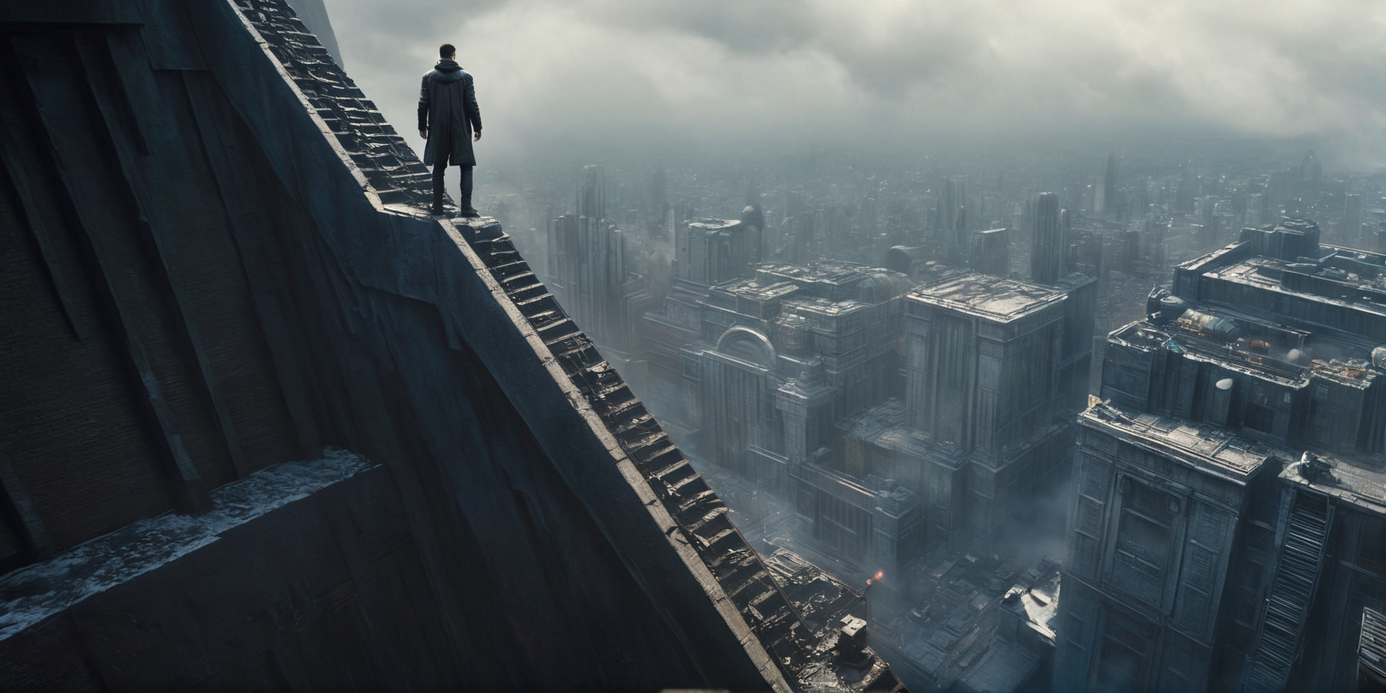 Dark Fantasy Art of  <lora:Blade Runner Style:1>
High angle from above Cinematic Hyperrealistic Artstation Artwork of a man hanging over a ledge of a tall building to the left Blade Runner style, dark, moody, dark fantasy style