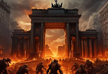hyperdetailed photo, Cinematic, photo, berlin, brandenburger gate, atomic apocalyps, in hell, fire, lava, smoke,  monsters are crawling out of the ground, creatures on the ground, borken houses, broken streets, HellAI, dramatic, apocalyptic scenery , demonic,