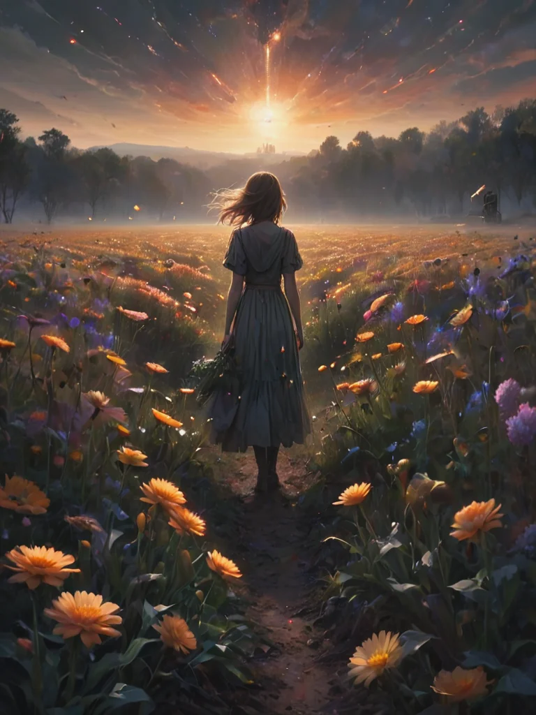 letitflrsh, an eerie war in a hopeful universe and a field of flowers, composition, detailed, ow-saturation, muted, lowkey, faint, <lora:- SDXL - letitflrsh_let_it_flourish_V1.0-000005:.9>