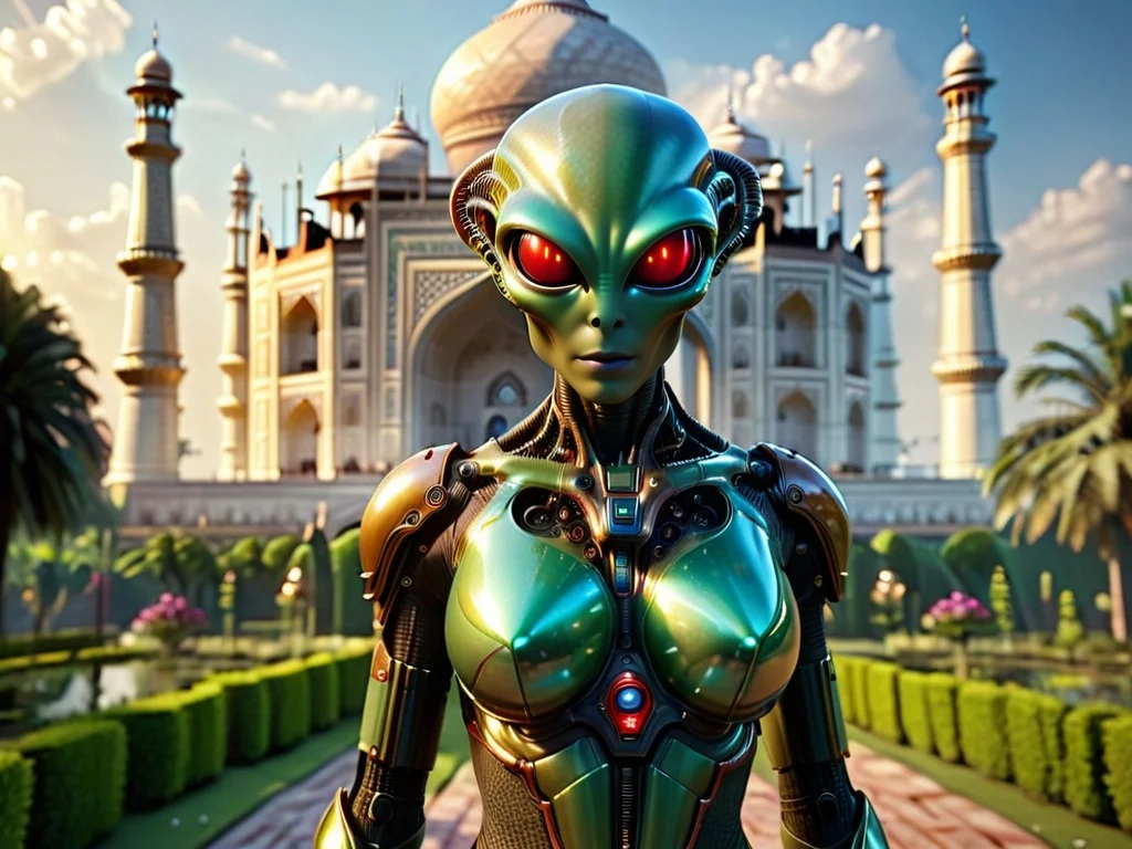 high resolution, beautiful Female alien <lora:Aliens_AILF_SDXL:1> alienailf, wearing power suit with electric live energy, Glowing electronics, light streaks, gears, switches, dials, wires and cables In a garden with the Taj Mahal in the background <lora:add-detail-xl:0.8> RAW, photo, realistic, rim light, Cinematic Lighting, ultra realistic, (high quality, detailed, beautiful) <lora:ral-exposure:1> ral-exposure <lora:SDXL Science Fiction :0.8> science fiction style, cowboy shot,