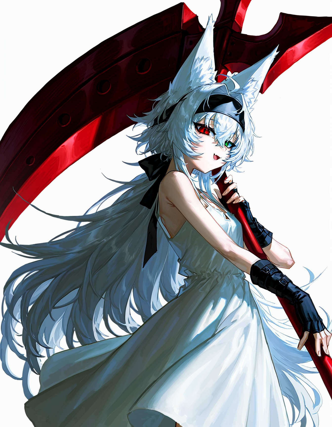 1girl, solo, green eyes, red eyes, fox ears, heterochromia, slit pupils, hair intakes, naughty face, skin fang, standing, looking at viewer, sundress, white dress, white hair, crossed bangs, long hair, black headband, holding scythe, foreshortening, from side, white background, fingerless gloves, <lora:quasarcake:0.8>