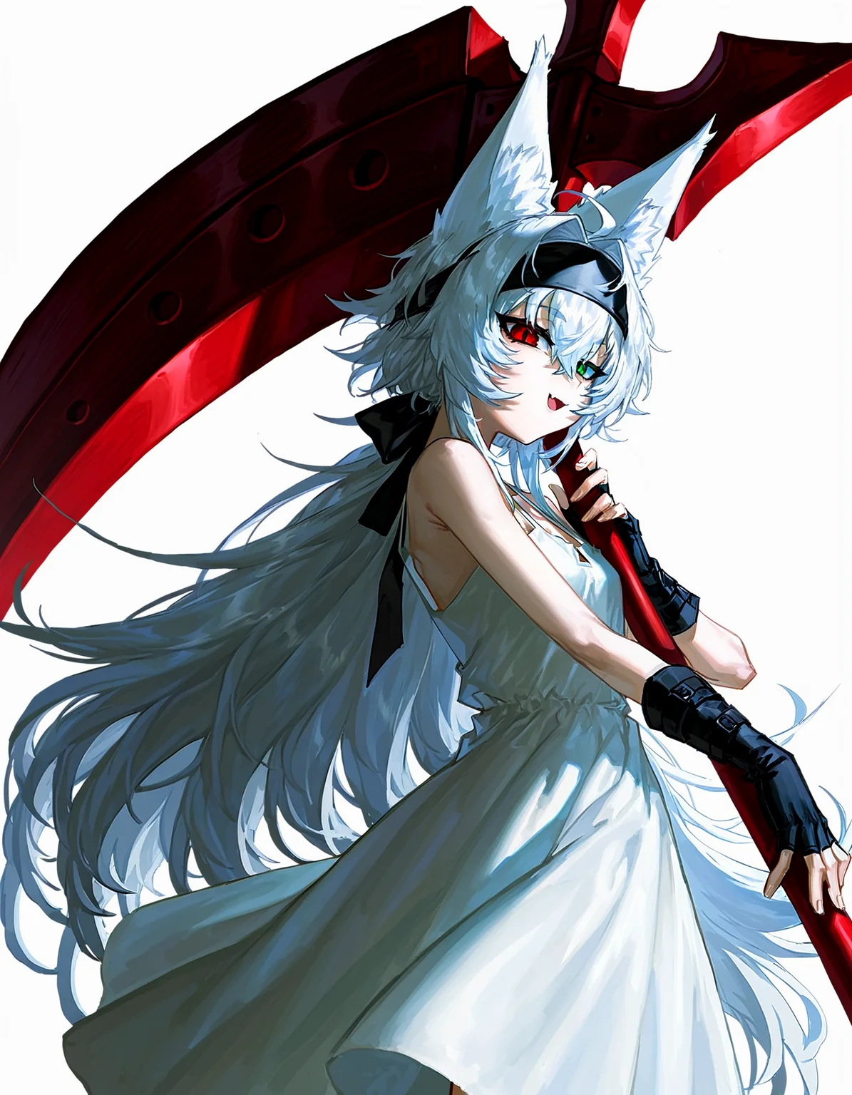 1girl, solo, green eyes, red eyes, fox ears, heterochromia, slit pupils, hair intakes, naughty face, skin fang, standing, looking at viewer, sundress, white dress, white hair, crossed bangs, long hair, black headband, holding scythe, foreshortening, from side, white background, fingerless gloves, <lora:quasarcake:0.8>