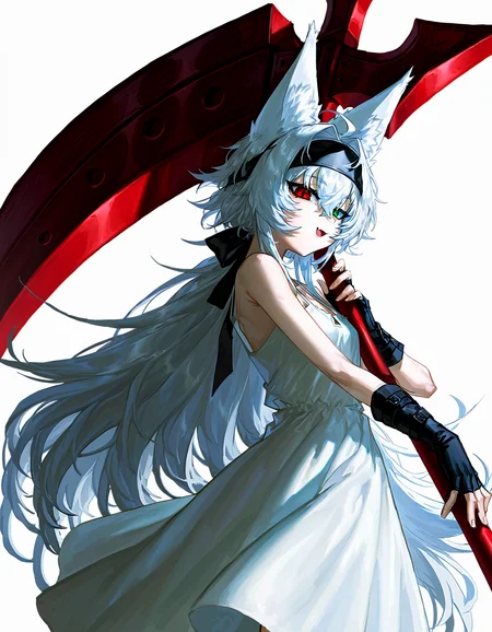1girl, solo, green eyes, red eyes, fox ears, heterochromia, slit pupils, hair intakes, naughty face, skin fang, standing, looking at viewer, sundress, white dress, white hair, crossed bangs, long hair, black headband, holding scythe, foreshortening, from side, white background, fingerless gloves, <lora:quasarcake:0.8>