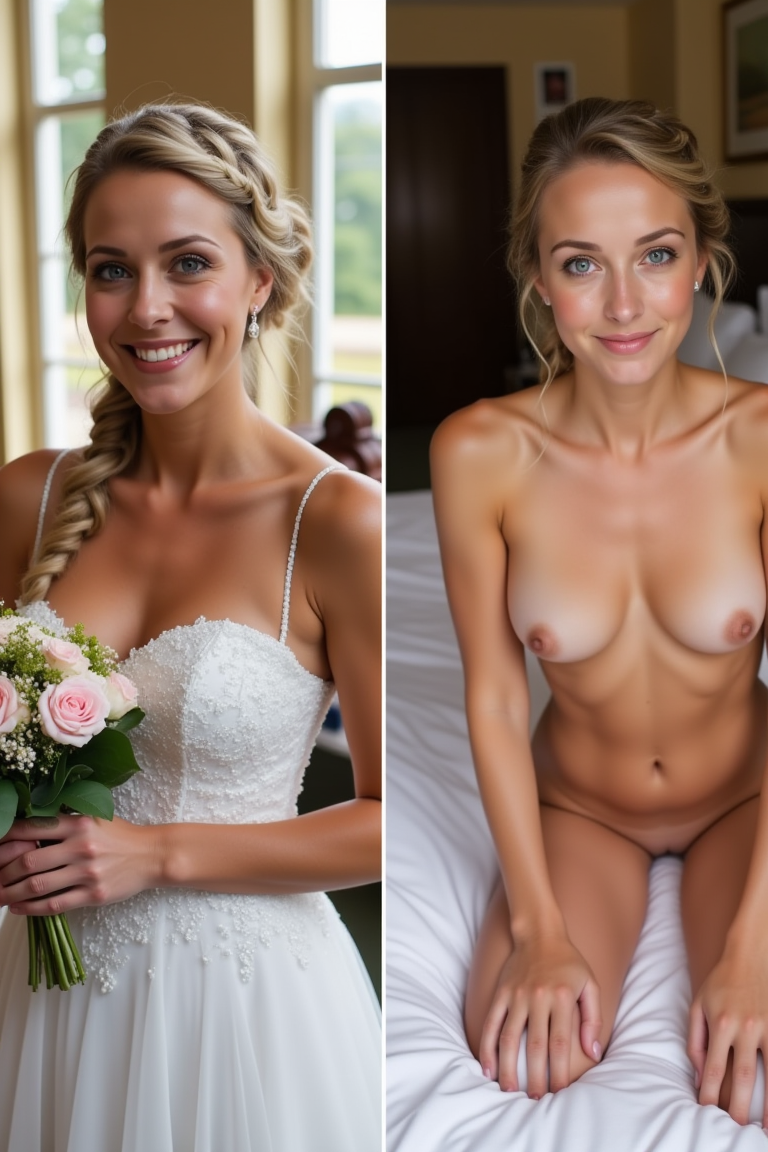 side-by-side photos of a blonde woman with a braided updo. On the left side she is wearing a wedding dress in a church and holding flowers, smiling. On the right side she is in a hotel bedroom on all fours, completely nude