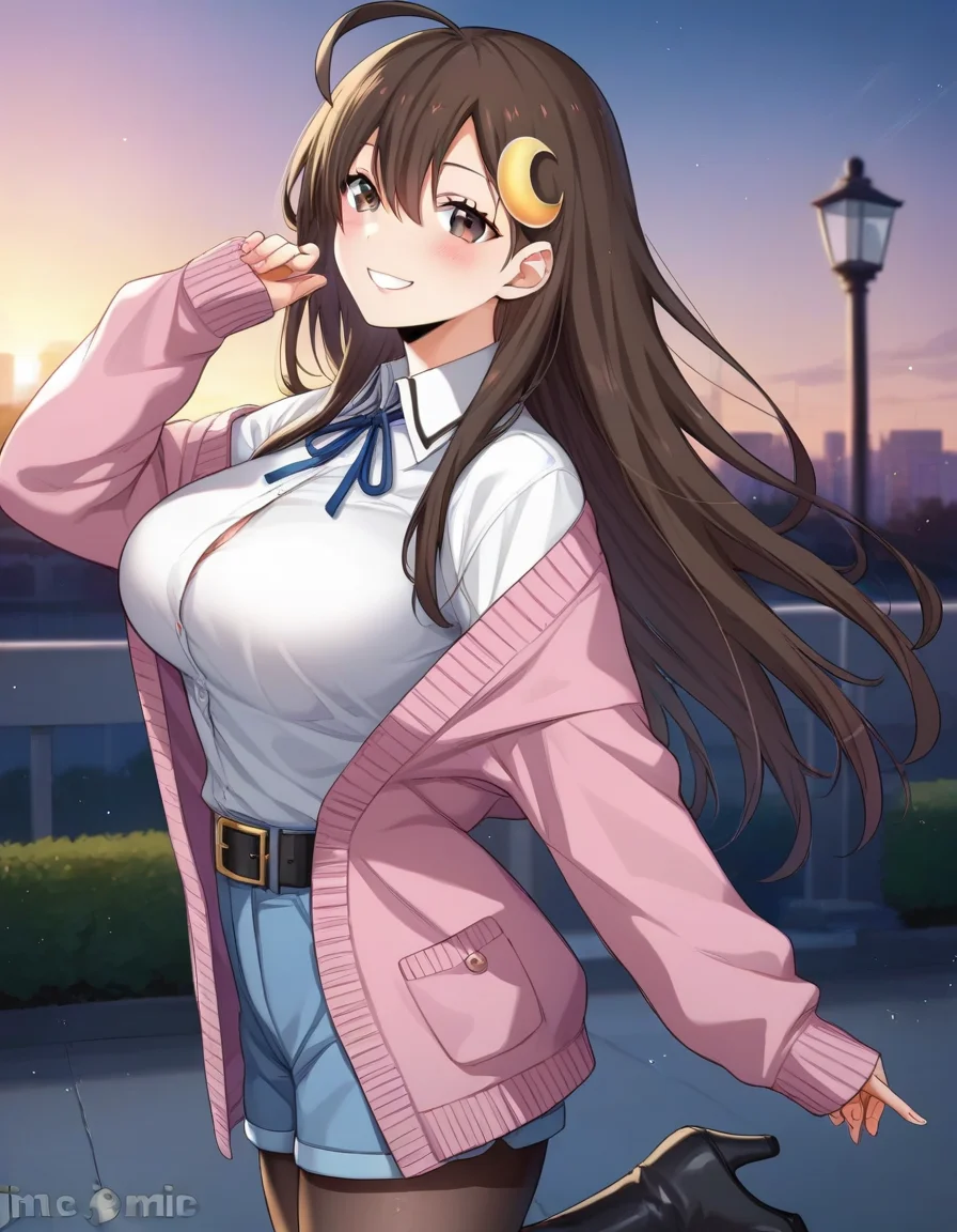 score_9,score_8_up,score_7_up,score_6_up BREAK official art,solo,outdoors,cowboy shot,looking at viewer,facing viewer,smile,blush,Fujino Mitsuki,ahoge,long hair,brown hair,crescent hair ornament,sidelocks,hair between eyes,parted bangs,brown eyes,pink cardigan,open cardigan,neck ribbon,blue ribbon,collared shirt,white shirt,long sleeves,large breasts,skindentation,shirt tucked in,black belt,blue shorts,black pantyhose,high heel boots,black footwear,<lora:Fujino Mitsuki-Manga(zasoo)-Pony:1.5>,