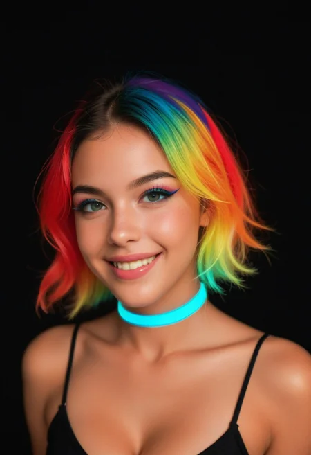((vibrant glowing color)), score_9, score_8_up, score_7_up, (realistic:1.4), cute face, (thin neck), ((rainbow_theme, pop art)), small boobs, cleavage, glowing glowstick choker, (young:1.5), ((boobs focus)), (volumetric lighting),
1girl, multicolored wig, genz_haircut, (bangs:1.1), side view, (detailed face and eyes:1.2), white background, perfect cute face, blushing, (((feminine))), goth makeup, dappled light, sexy cleavage, turning to look at viewer, vibrant colours, (happy, excited_expression, wide smile), round face, (((small sagging boobs))), (((glowing, streaks))), circles, evening, black background, dark eyeliner, thick thighs,