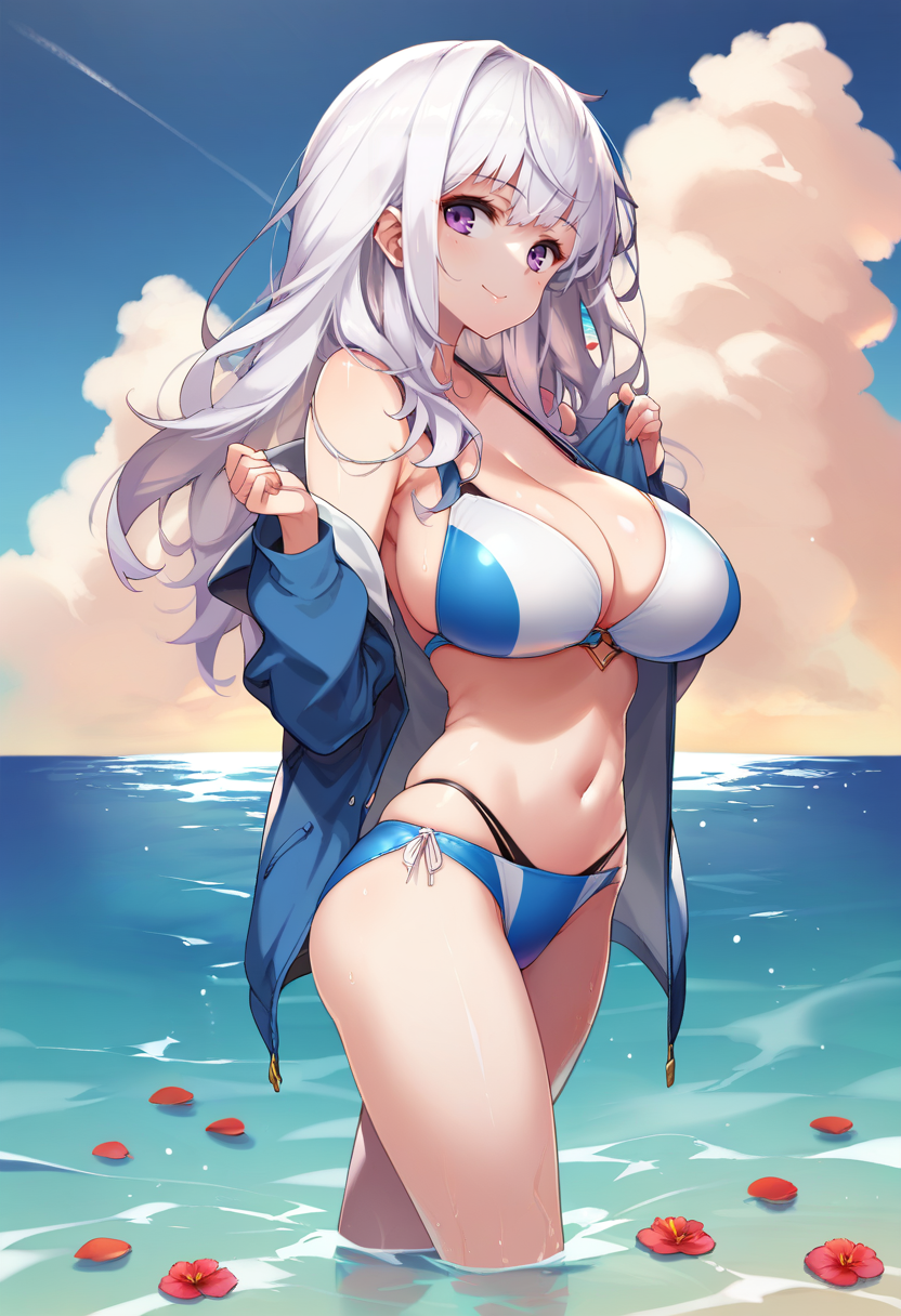 score_9, score_8_up, score_7_up, source_anime, 1girl,bikini,blue sky,cloud,cloudy sky,flower,long hair,long sleeves,looking at viewer,ocean,open clothes,partially submerged,petals,purple eyes,shiny skin,shirt,simple background,smile,stomach,swimsuit,water,white hair ,  huge breasts <lora:HongBS_Whitespider_-Style-PonyXL-Dora-000035:1>