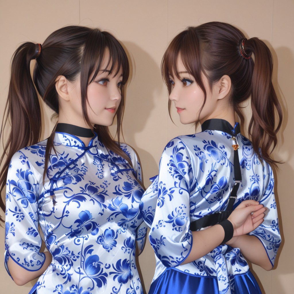 close shot,upper body,((2 girls)),((face to face)),((The other girl body facing back)),Double ponytail,smile,black collar,(large breast),breasts apart,arms behind back,Chinese style blouse,black nylon tape,small waist,great hips,blue silk maxiskirt,