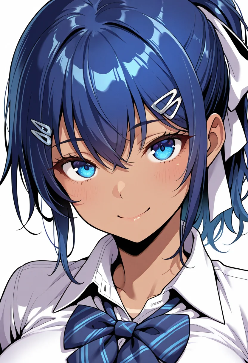 masterpiece, best quality, amazing quality, very aesthetic, absurdres, newest, illustration, perfect composition, intricate details, highres, sensitive, 1girl, solo, (portrait:1.2), misakiww, dark skin, dark-skinned female, tan, tanlines, blue hair, ponytail, bangs, hair between eyes, sidelocks, hair ornament, hairclip, hair ribbon, large breasts, school uniform, breasts, collared shirt, bow, bowtie, looking at viewer, smile, shiny body, shiny skin, skindentation, clear skin, shiny hair, ultra detailed eyes, depth of field, sharp, intricate details, hyperdetailed, ultra-detailed, detailed clothing folds, high contrast, dynamic light <lora:Misaki Koda_Shiawase Razoku Keikaku_ill:1>,