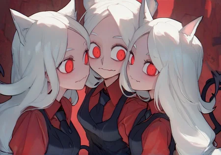 Score_9, Score_8_Up, Score_7_Up, Score_6_Up, Score_5_Up, Score_4_Up, anime screencap, upper body,
 <lora:Cerberus (XL):1> cerberus \(helltaker\), 3girls, white hair, long hair, red eyes, dog ears, demon tail
BREAK
<lora:noah style:1> noaharbre