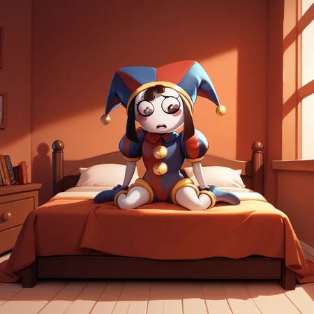 score_9, score_8_up, score_7_up, score_6_up, score_5_up, score_4_up, 1 girl
cartoon style, cartoony style,
pomni,jester cap,blush stickers
full body, bedroom, bookshelf, bed,