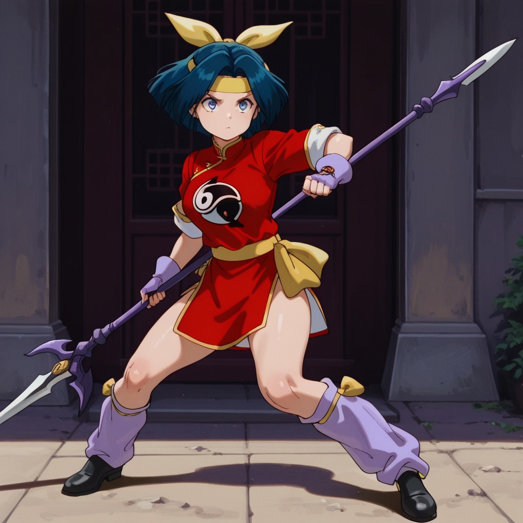 masterpiece, best quality, amazing quality, AzusakanIl, human, female, blue hair, blue eyes, outside, yellow headband, bow, red chinese dress, gold trim, yin yang, yellow sash belt,  purple gloves, fingerless gloves, black shoes, purple leg warmers, holding polearm, fighting stance
