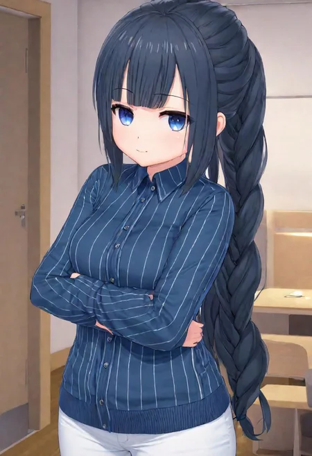 masterpiece,chibi, photograph,realistic lighting,dark blue button shirt with thin white vertical lines, blue sweater absurd quality,realism best quality,long hair, messy hair, happy, blackish blue hair,pink eyes, long hair,large breasts,shy,fat:1.4,chubby:1.3,thick body,hair braid, ,thick thighs,thick arms,fat legs,saggy breasts,dark blue shirt with thin white vertical lines, black leggings,hair braid, Braid over shoulder, brown skirt,