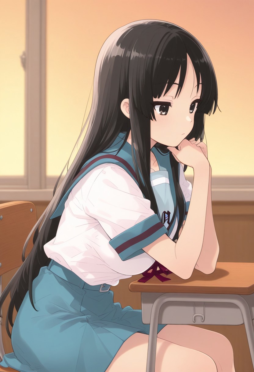 akiyama mio, long hair, bangs, black hair, black eyes, hime cut, mature female, medium breasts, serafuku, sailor collar, white shirt, short sleeves, skirt, suzumiya haruhi (cosplay), lazypos, classroom, sit on chair, side view, resting on hand, bored, 4k, masterpiece, 8k, highres, vivid colors, evening,  score_9, score_8_up, score_7_up, shiny colors