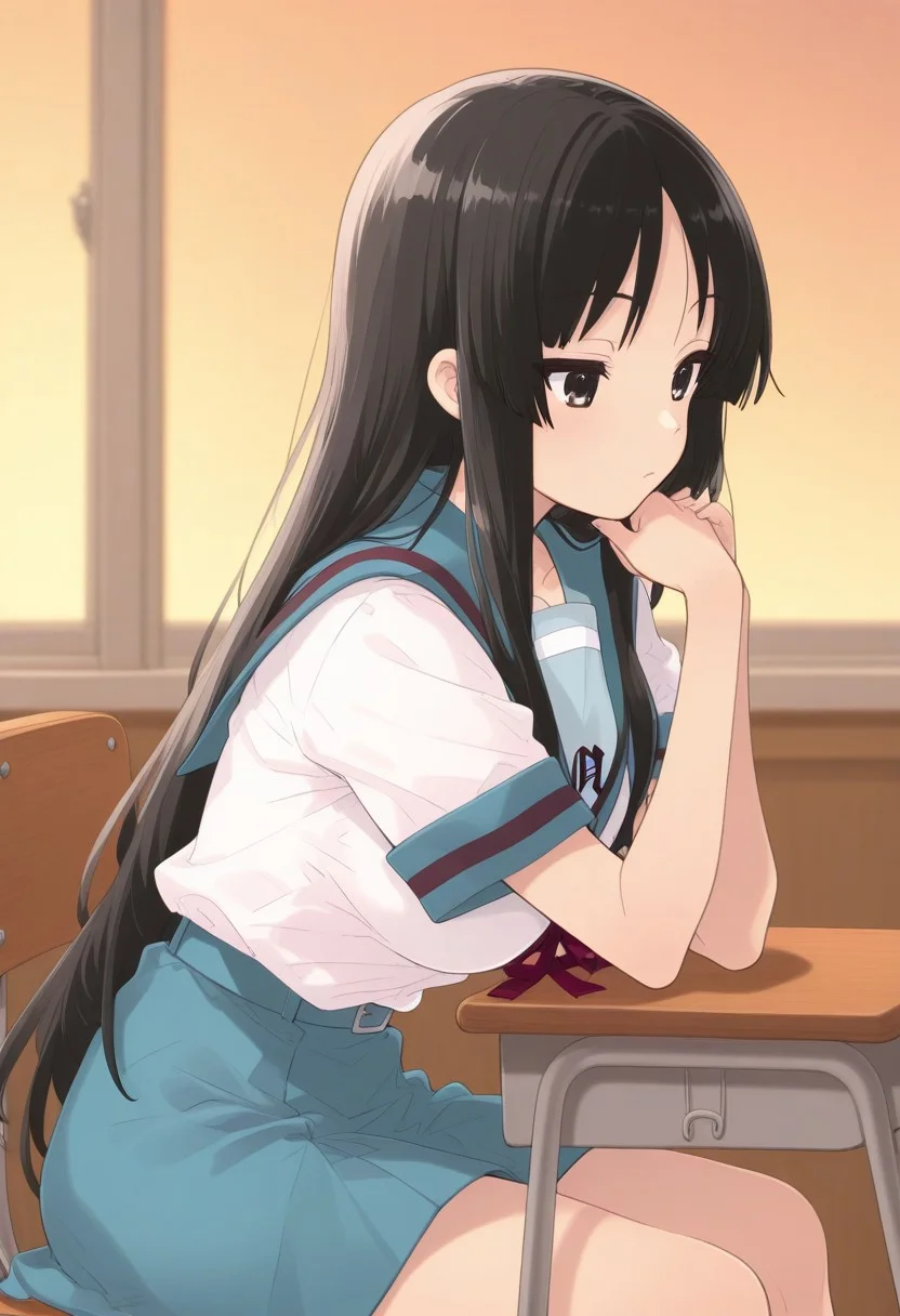 akiyama mio, long hair, bangs, black hair, black eyes, hime cut, mature female, medium breasts, serafuku, sailor collar, white shirt, short sleeves, skirt, suzumiya haruhi (cosplay), lazypos, classroom, sit on chair, side view, resting on hand, bored, 4k, masterpiece, 8k, highres, vivid colors, evening, score_9, score_8_up, score_7_up, shiny colors