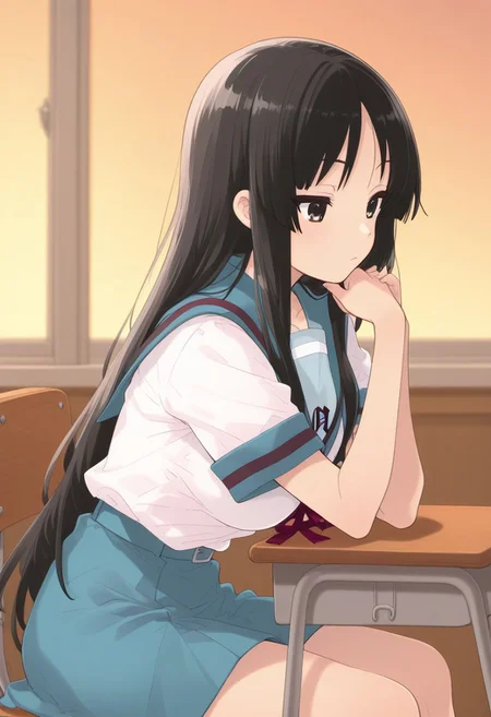 akiyama mio, long hair, bangs, black hair, black eyes, hime cut, mature female, medium breasts, serafuku, sailor collar, white shirt, short sleeves, skirt, suzumiya haruhi (cosplay), lazypos, classroom, sit on chair, side view, resting on hand, bored, 4k, masterpiece, 8k, highres, vivid colors, evening, score_9, score_8_up, score_7_up, shiny colors